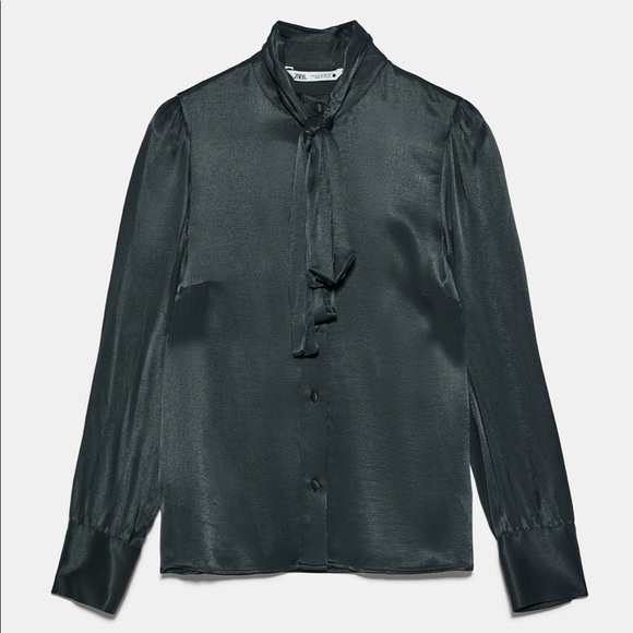 ZARA - BNWT Green Satin Long Sleeve Button Up Blouse with Tie - Picture 6 of 6